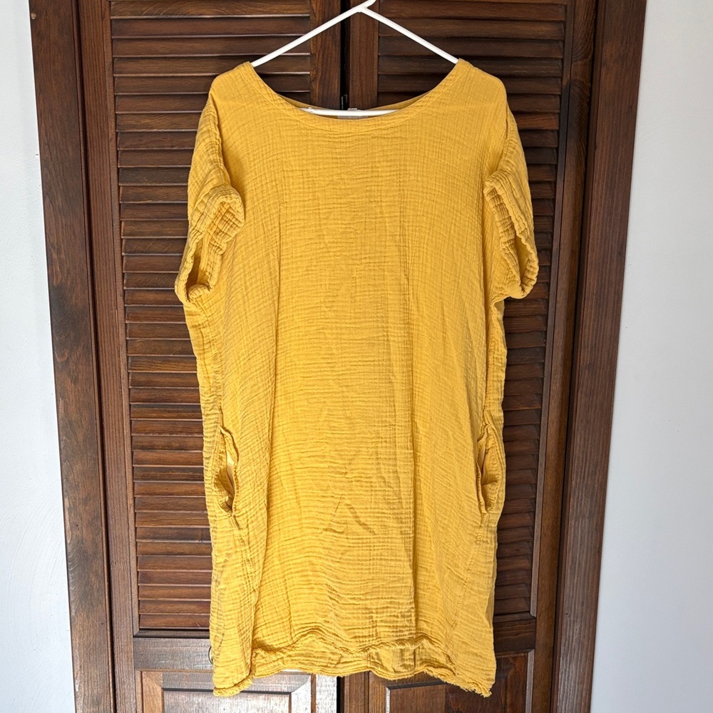 🪷Eileen Fisher Mustard 100% Cotton Gauze Shift Dress Women's Large